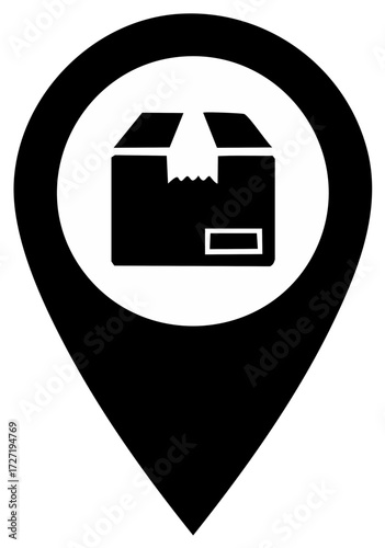 Delivery location pin with cardboard box icon, package tracker glyph