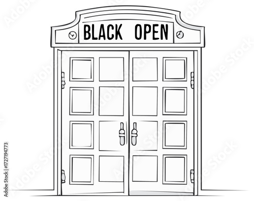 Line art drawing of a vintage storefront with double doors and a Black Open sign