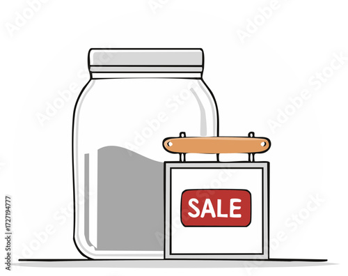 Simple illustration of a clear glass jar next to a promotional sale sign offering shopping discounts.