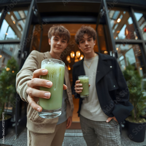 Witness global trend of matcha green tea spreading among teenagers, as two enthusiastic young men joyfully share refreshing beverage in vibrant city setting