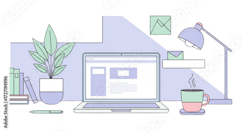Illustration of a workspace with laptop, plant, books, lamp, and coffee cup on a white table top