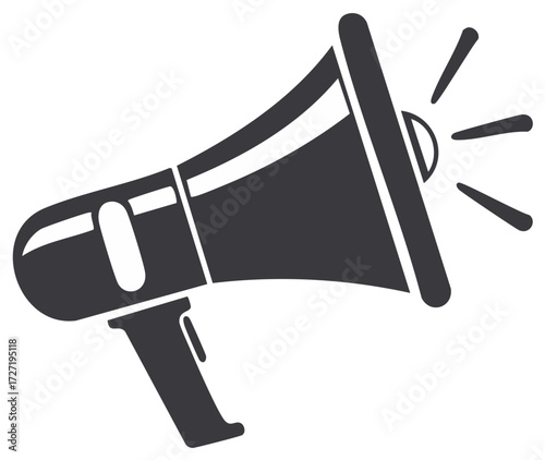 Dark gray megaphone symbol with radiating sound waves representing public announcement and urgent communication