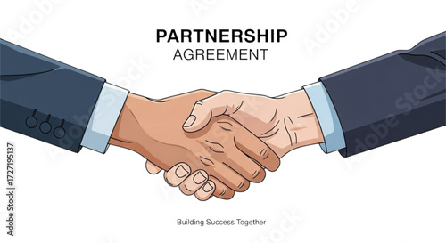 Illustration of a partnership agreement handshake with two individuals in business suits reaching an accord