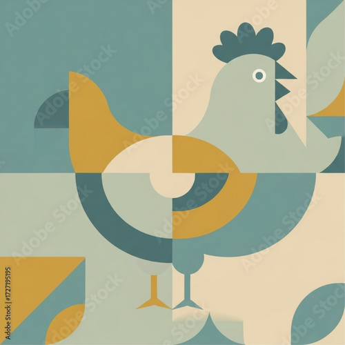 Geometric Stylized Rooster Illustration with Retro Color Palette
