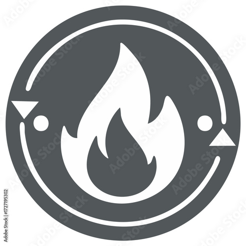 Modern Graphic Icon of Fire Flame within a Circular Arrow Cycle Symbolizing Energy and Heat