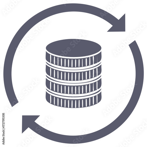 Vector icon of stacked coins in a circular arrow loop representing cash flow and financial turnover