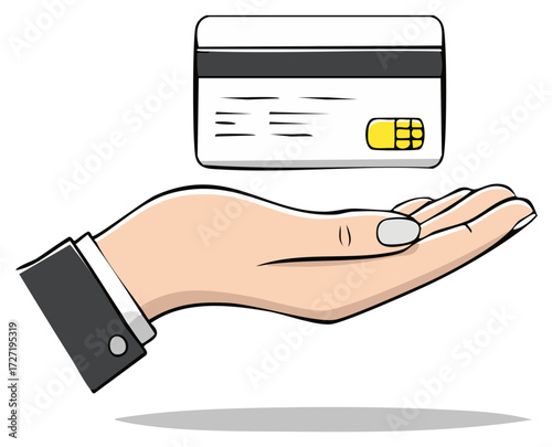 Business hand offering a modern white credit card with chip for secure financial transactions and online payments.