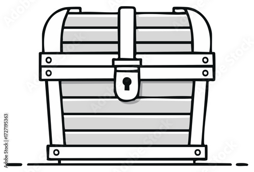Classic wooden treasure chest with secure lock and metal bands in a doodle style