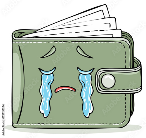 Distressed wallet illustration filled with money with tears streaming down representing financial loss and spending
