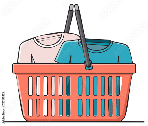 Colorful shopping basket filled with folded pink and blue t-shirts vector illustration