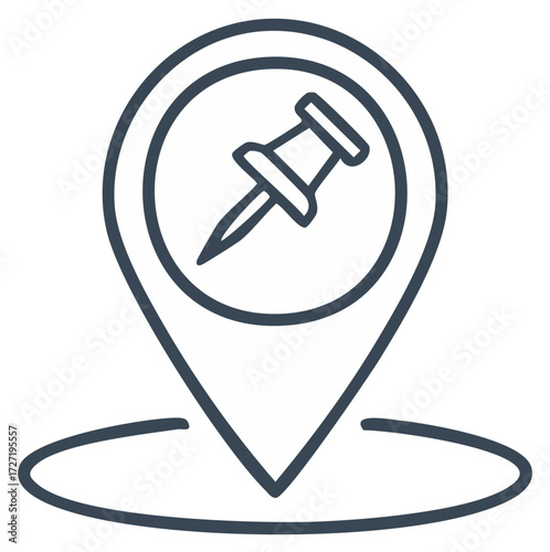 Simple map pin icon with pushpin inside marking locations, minimal dark blue outline, isolated design