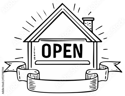 Hand drawn house illustration with an open sign and a blank banner for text