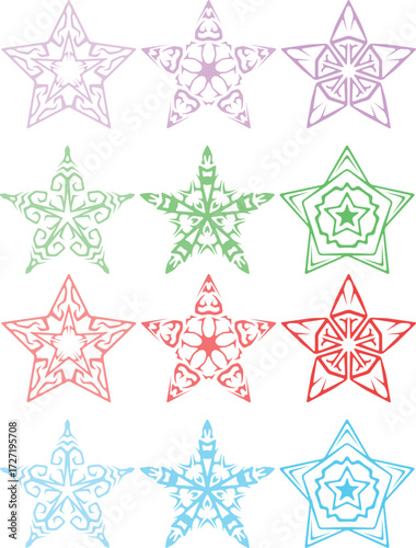 Colorful abstract star burst design with vibrant gradients and sharp rays. Dynamic vector illustration featuring glowing multicolor stars, explosive energy lines, and playful geometric bursts. Perfect