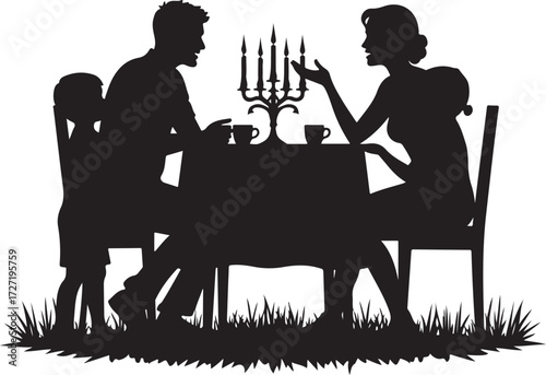 Family silhouette dining at table with candelabra vector