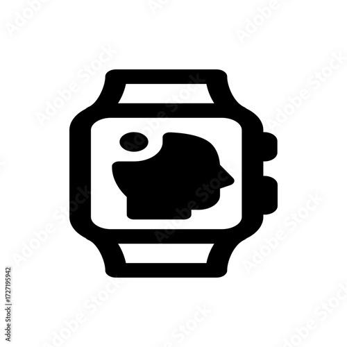 A black and white icon of a smartwatch displaying a profile of a person's head and a single circle