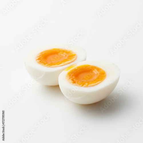 A conceptual and minimalist close-up of a perfectly boiled egg, cracked open to reveal the rich, golden yolk, isolated on a pristine white background 4