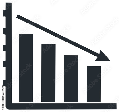 Declining Bar Chart Showing Decrease with Downward Arrow Indicator