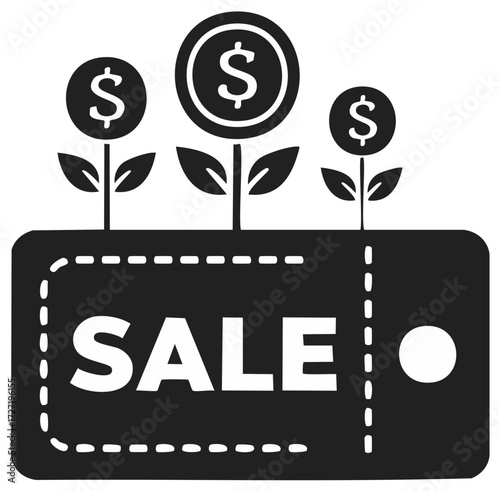 Sale Coupon with Money Growing Like Plants Icon, Financial Savings, Business Growth and Investment Concept