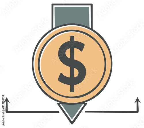 Dollar coin icon with arrows depicting financial flow, income, expense, and budget concepts