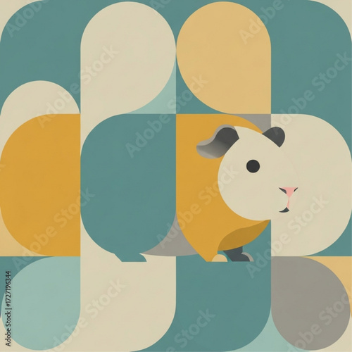Modern art concept of a cute guinea pig with a seamless geometric pattern background