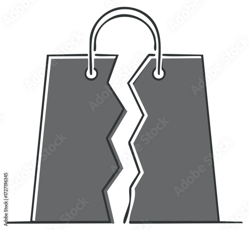 Grey shopping bag broken in half illustrating a retail crisis or failed purchase