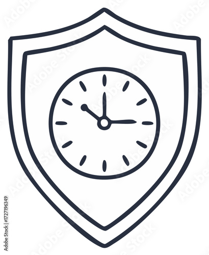 Shield with clock face doodle, symbolizing time protection, security, and scheduling