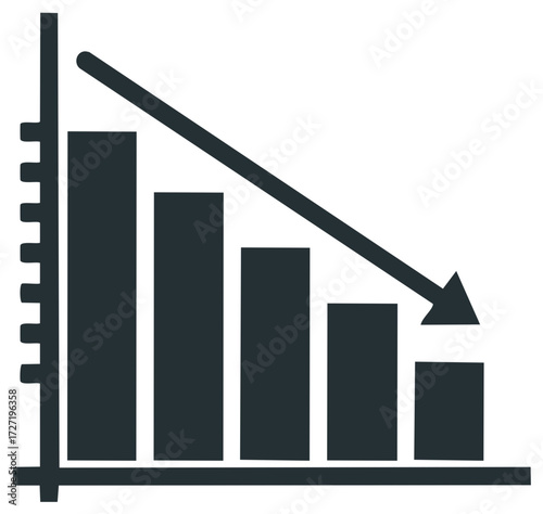 Declining Bar Chart with Downward Arrow Illustrating Decrease and Negative Trends for Business and Finance Showing Loss