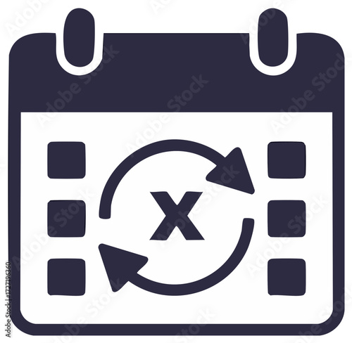 Calendar with circular arrows and X mark symbolizing schedule change or cancellation