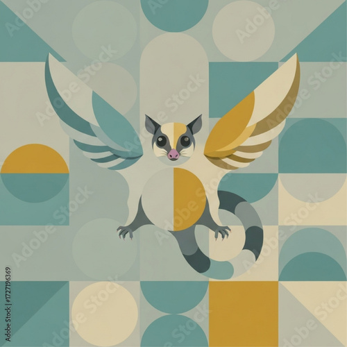 Whimsical flying sugar glider illustration with geometric background elements