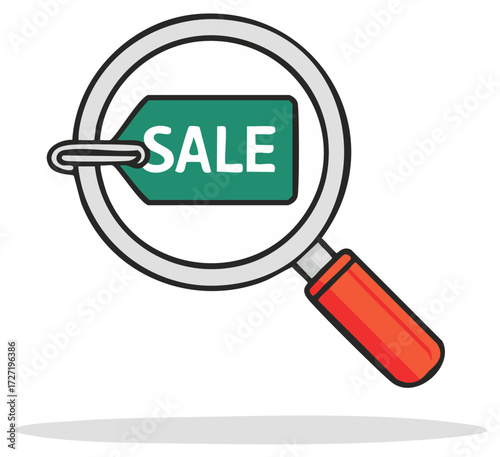 Magnifying Glass Examining a Sale Tag, Marketing Concept.