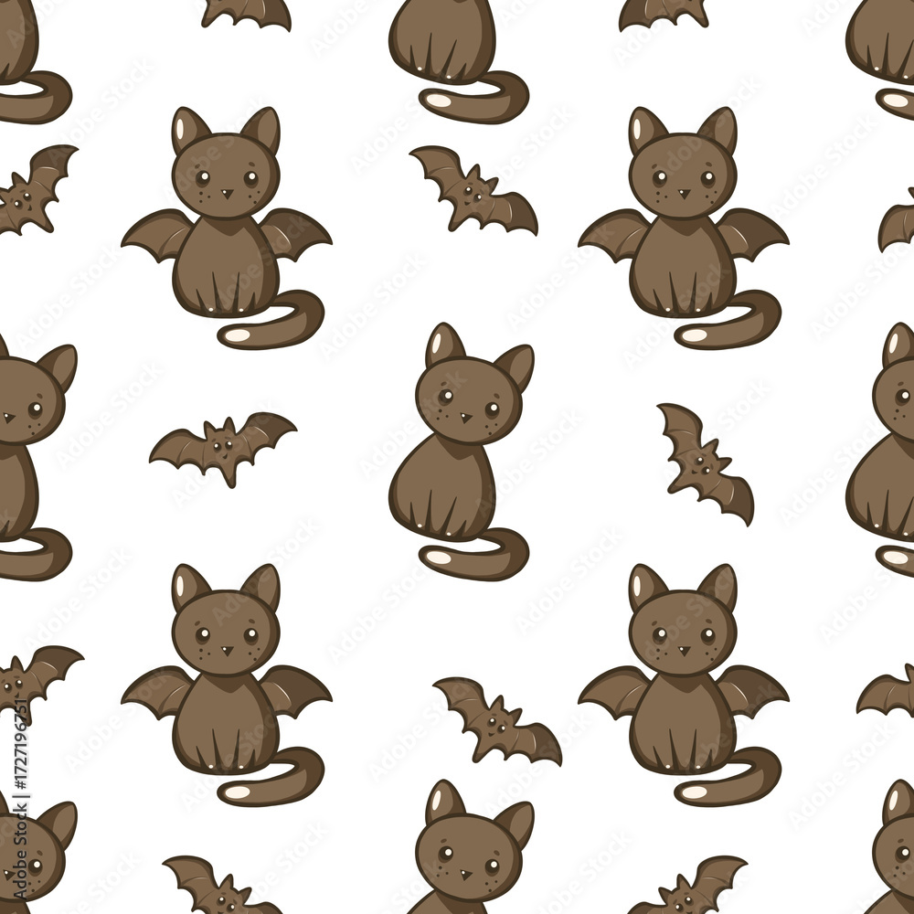 Naklejka premium Halloween cartoon cats and bat seamless pattern, Kawaii dark cats, Cats with wings and bat pattern