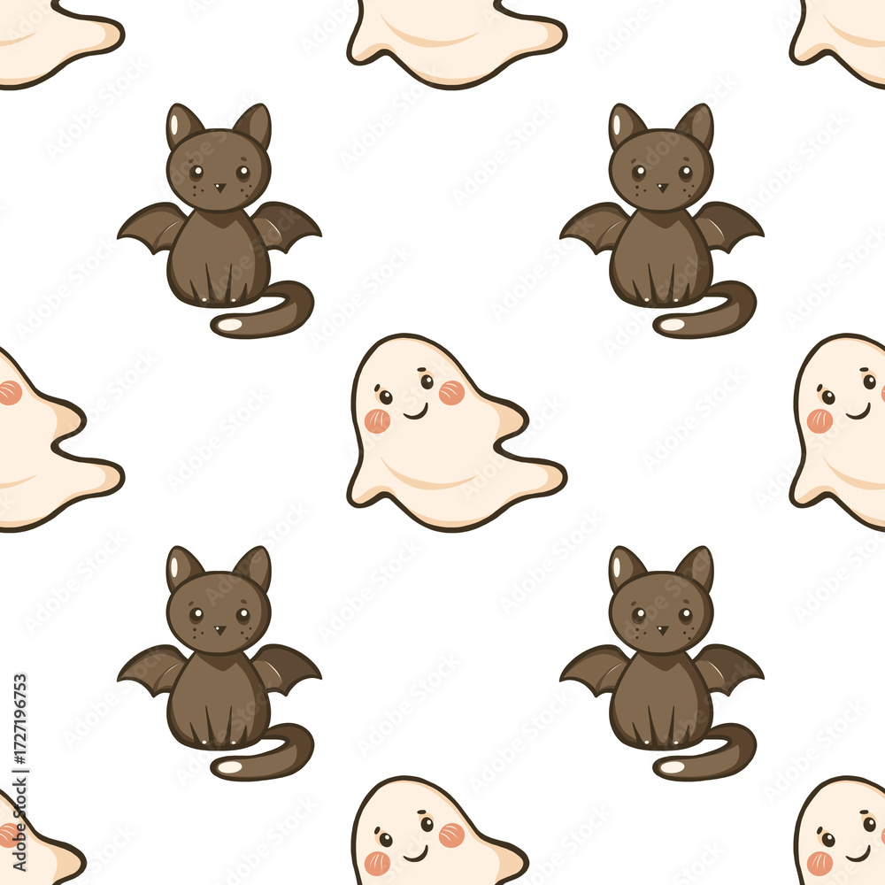 Naklejka premium Halloween cartoon ghost and dark cats with wings seamless pattern, Kawaii Halloween Ghost, Bat and Cat seamless pattern