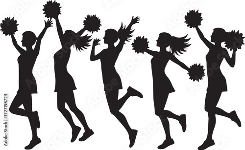 Five black silhouette cheerleaders jumping with pom poms
