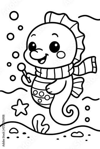 Adorable seahorse illustration wearing a scarf surrounded by bubbles