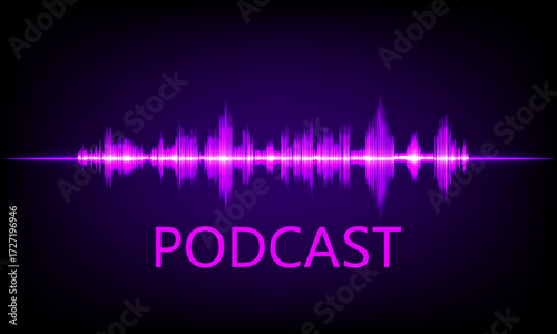 Purple neon sound wave with glowing text PODCAST on dark background, symbolizing audio, voice, music, and digital broadcasting