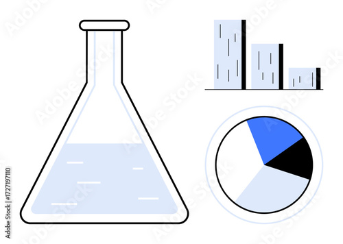 Laboratory flask with liquid, bar graph, and pie chart illustrating research, data analysis, or progress. Ideal for science, education, innovation, experimentation research data study simple flat
