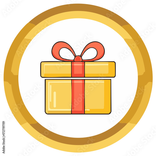 Golden Circle Border Surrounds a Yellow Gift Box with a Red Ribbon and Bow