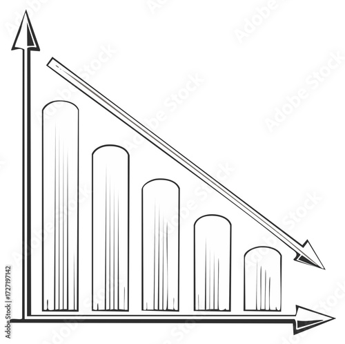 Declining graph with downward arrow illustrating economic recession and financial loss over time for business