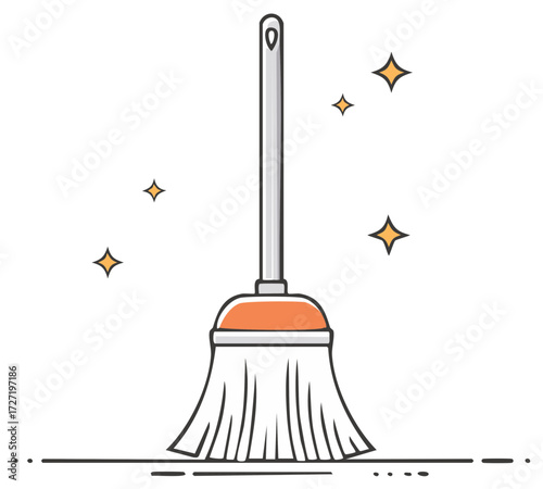 Broom with Handle for Cleaning and Sparkling, Icon Style