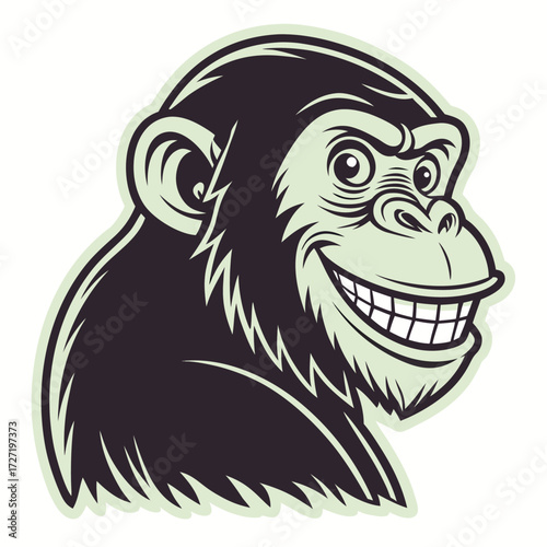 Vector art of a stylized illustration of a chimpanzees head with a wide, grinning smile, isolated on a