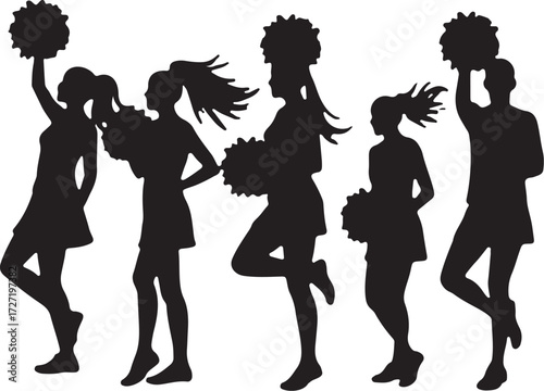 Five black silhouettes of cheerleaders holding pom poms