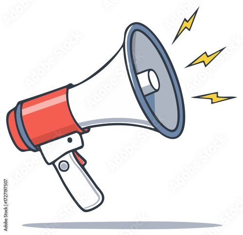 Red and white bullhorn with lightning bolt design evokes communication and urgency