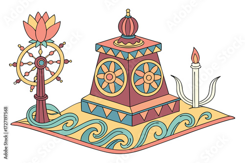  vibrant, ornate, intricate, ceremonial, mythical, colorful, spiritual, figurative, clay, sculpture, lotus flower, candle, trident, symbolic, decorative, ornamental, cultural, contemplative, dynamic,