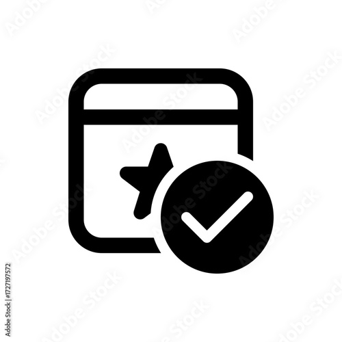 A black and white icon depicting a calendar with a star and a check mark indicating a completed task