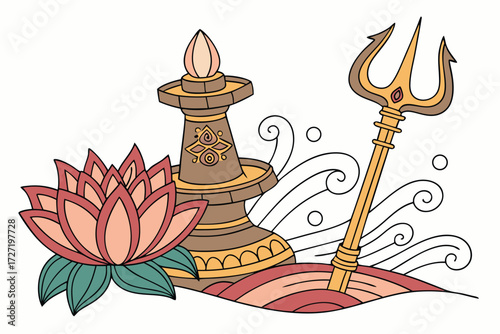 vibrant, ornate, intricate, ceremonial, mythical, colorful, spiritual, figurative, clay, sculpture, lotus flower, candle, trident, symbolic, decorative, ornamental, cultural, contemplative, dynamic,