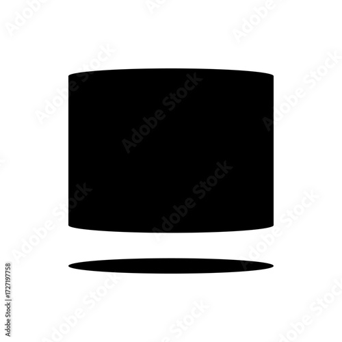 A black cylinder shape above a thin black oval shape on a white background in a minimalist style art