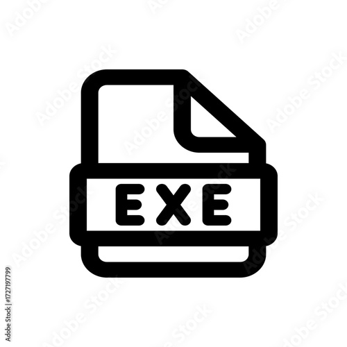 A simple black and white icon depicting an executable file format with the letters exe prominently displayed
