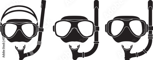 Three scuba diving masks and snorkels silhouette for underwater exploration