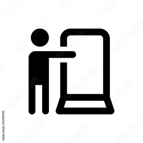 A simple black and white illustration of a person interacting with a large digital kiosk or screen device