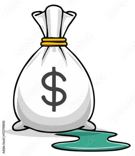 Cartoon illustration of a full money bag with a dollar sign and spilled liquid.